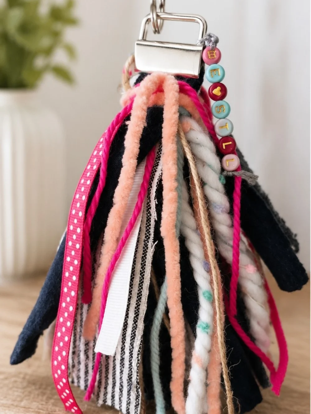 Multicolor Ribbon, Denim, Pink and Yarn Tassel Keychain Bag Charm/Car Charm